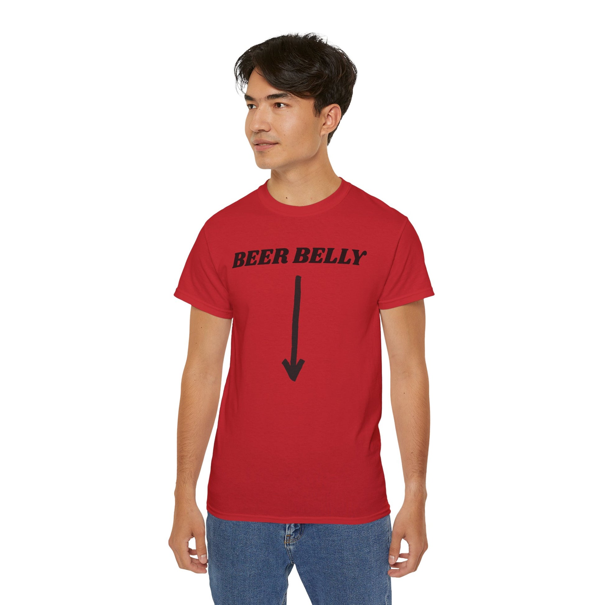 Person wearing a red t-shirt with 'BEER BELLY' text and an arrow graphic on a white background