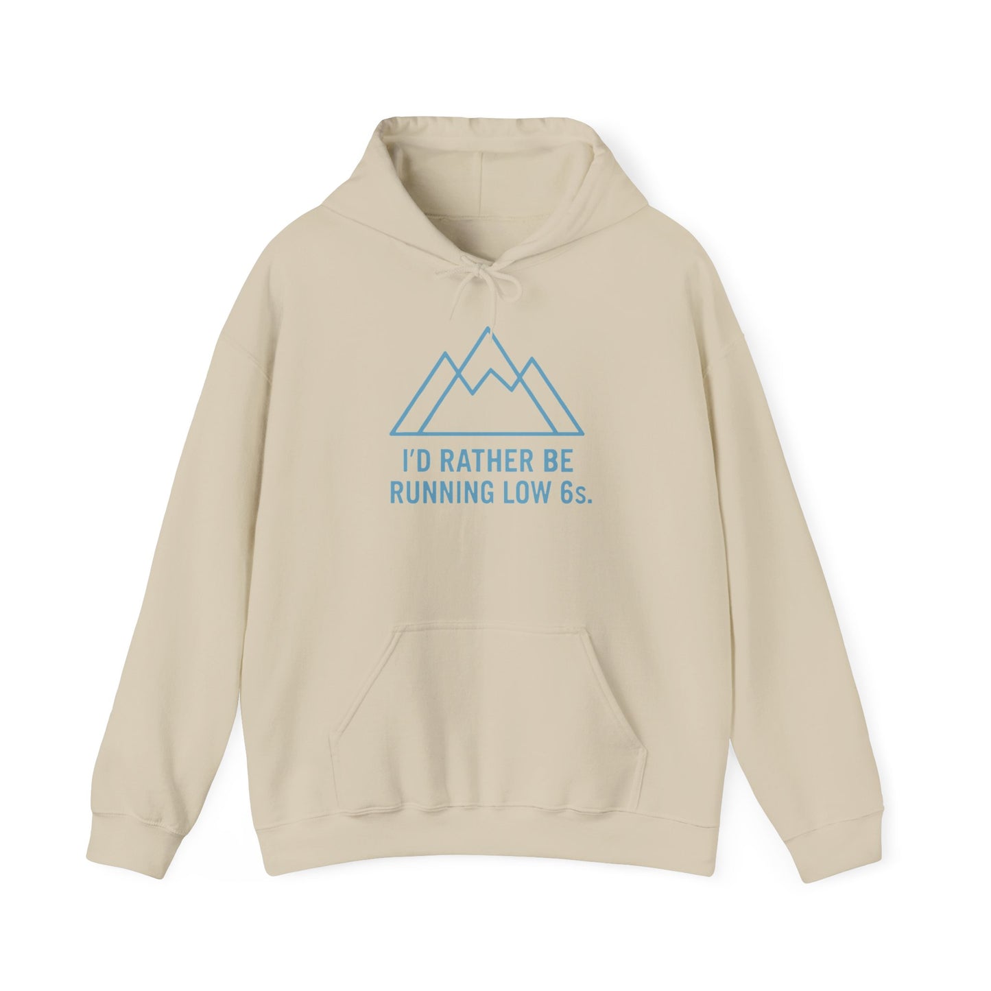 Beige hoodie with blue mountain graphic and text 'I'd rather be running low 6s' on a white background