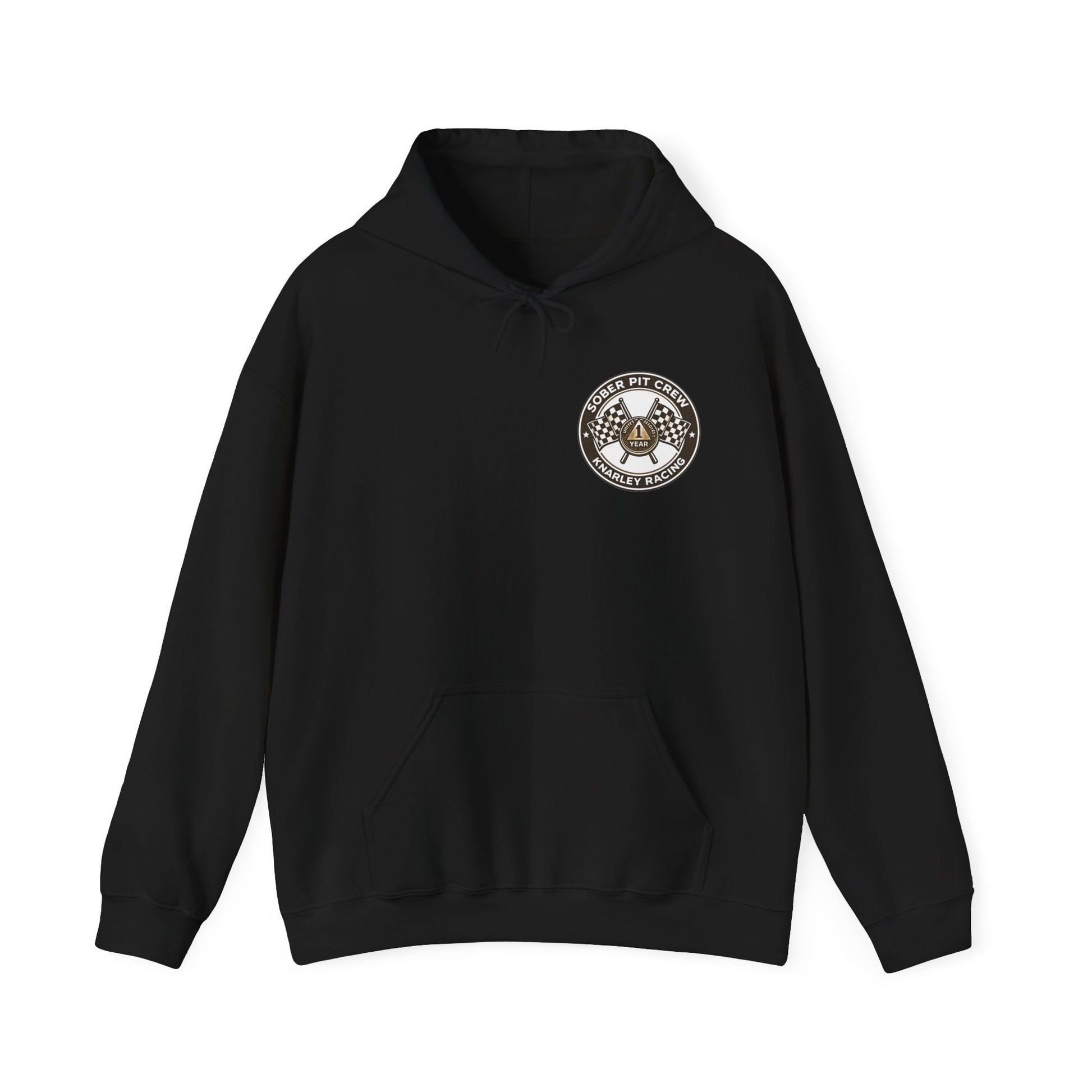 Black hoodie with a 'Sober Pit Crew Knarley Racing' logo on the chest against a white background