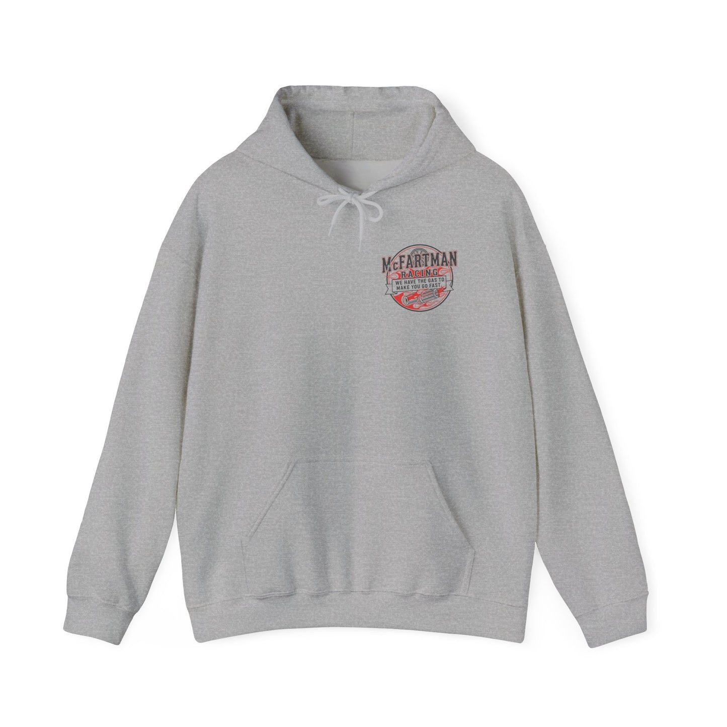 Gray hoodie with a logo McFartman Racing We have the gas to make you go fast on the chest against a white background