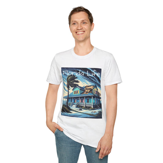 Person wearing a white t-shirt with a 'Florida Life' graphic design on a white background