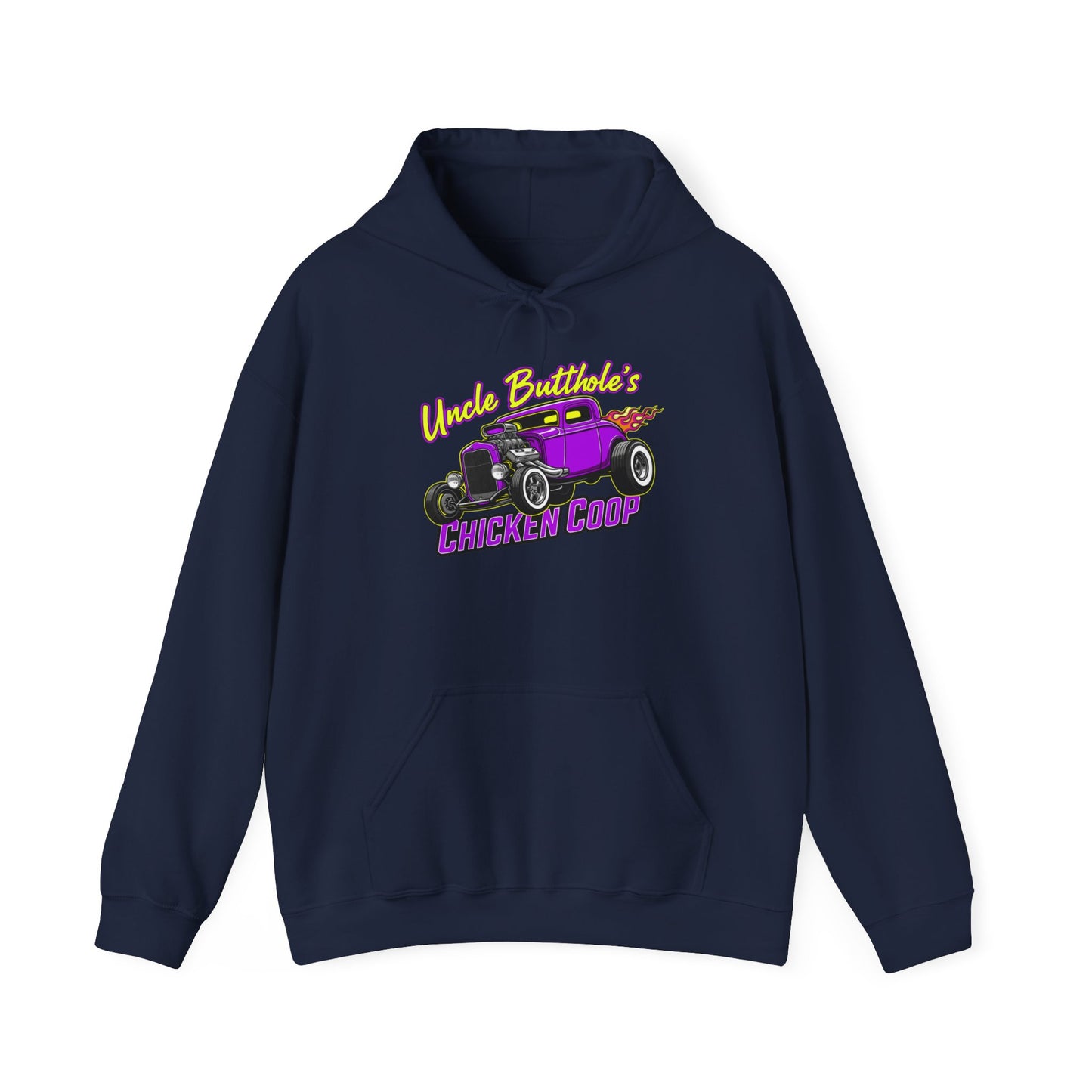 Navy blue hoodie with a graphic design of a purple car and text 'Uncle Butthole's Chicken Coop' on a white background