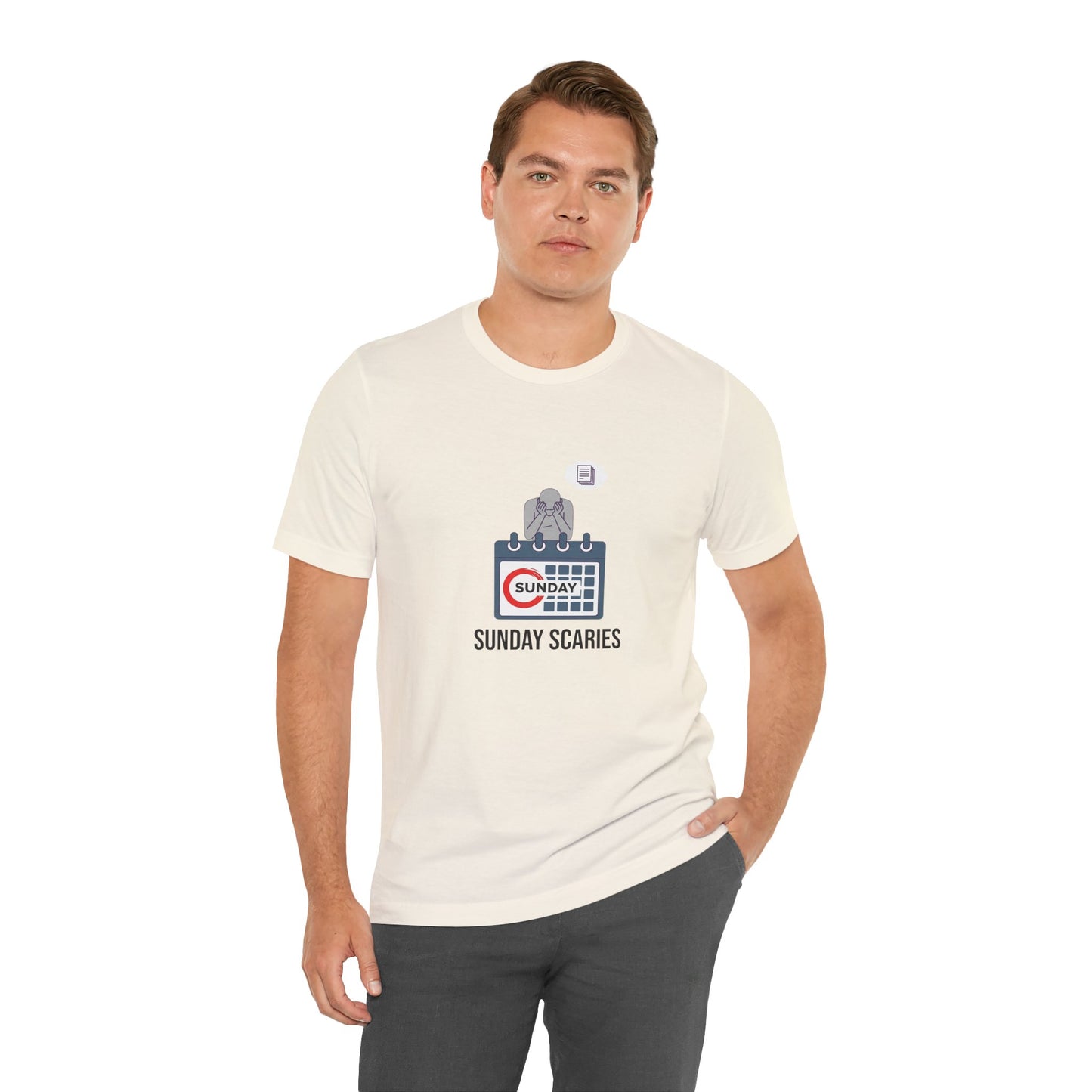 Man wearing a white t-shirt with a graphic design and text 'Sunday Scaries' on a white background