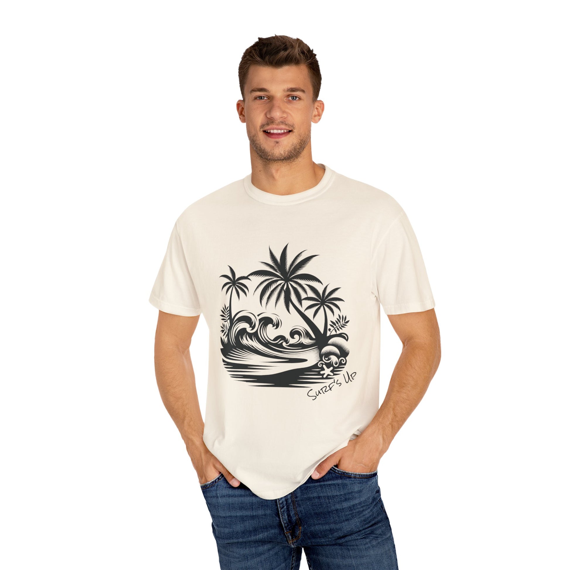 Man wearing a white t-shirt with a black palm tree and wave design on a white background