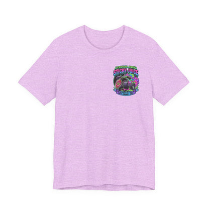 Purple t-shirt with a colorful graphic and text  'Jackedstand Jemima Sticky Juice You Can Always Rip A Good One With Jemima's Juice' on a white background