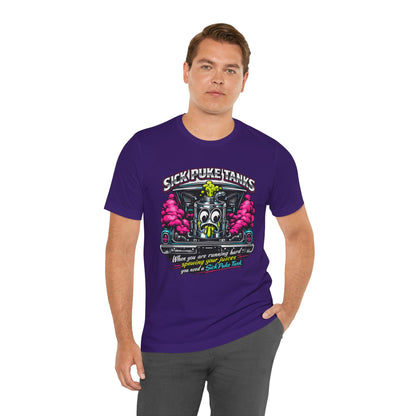 Man wearing a purple t-shirt with a graphic design and 'Sick Puke Tanks When you are running hard spewing your juices you need a Sick Puke Tank' text