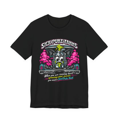 Black t-shirt with a graphic design and 'Sick Puke Tanks When you are running hard spewing your juices you need a Sick Puke Tank' text