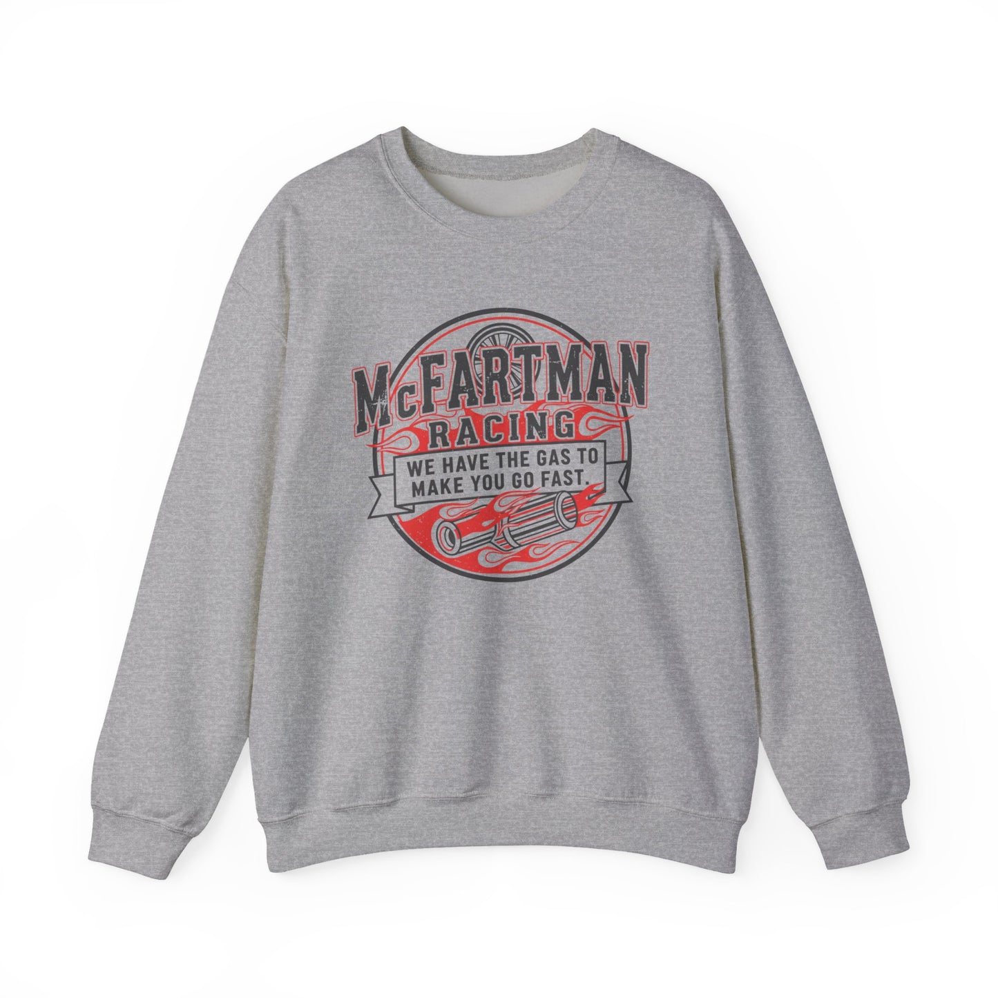 Gray sweatshirt with 'McFartman Racing' graphic on a white background