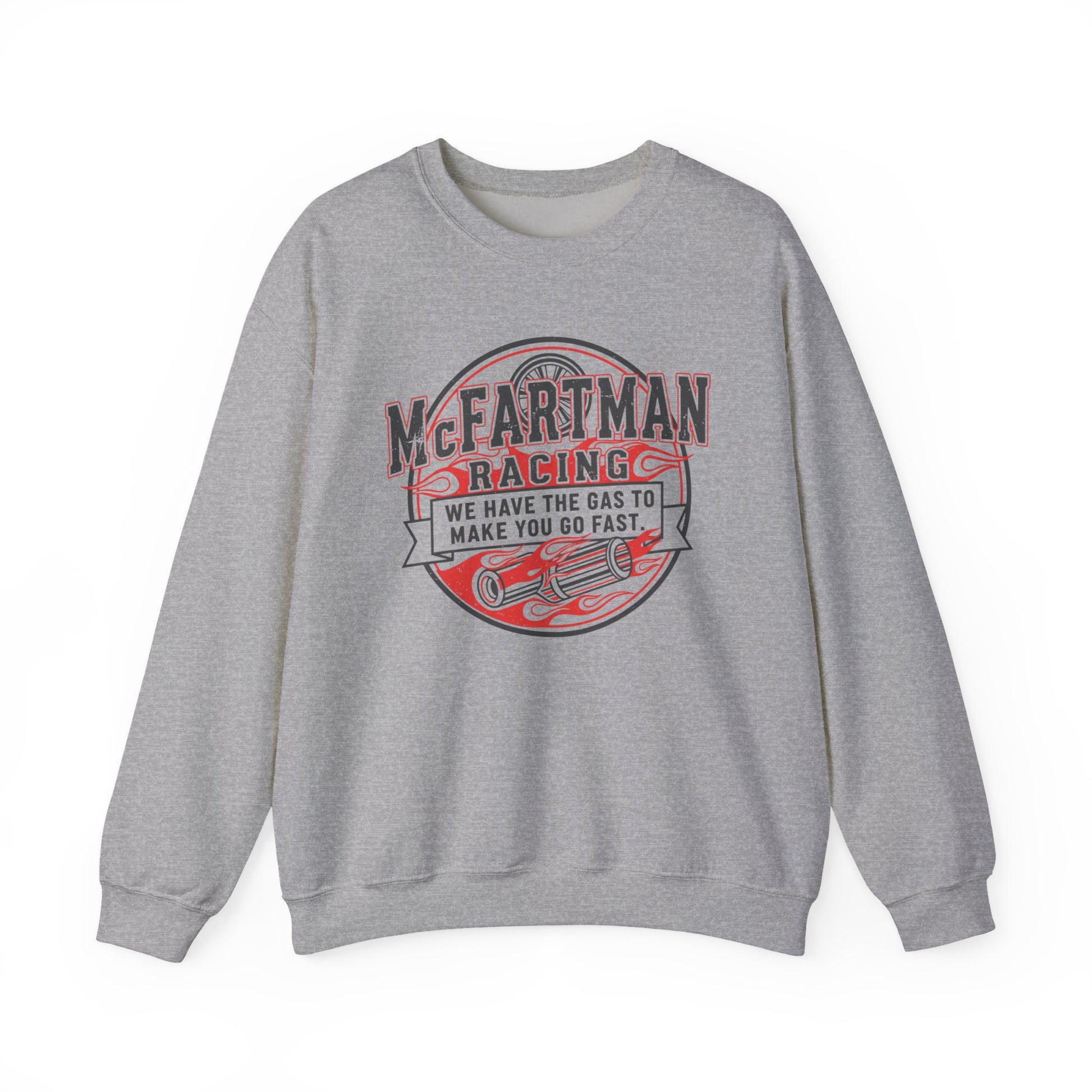 Gray sweatshirt with 'McFartman Racing' graphic on a white background