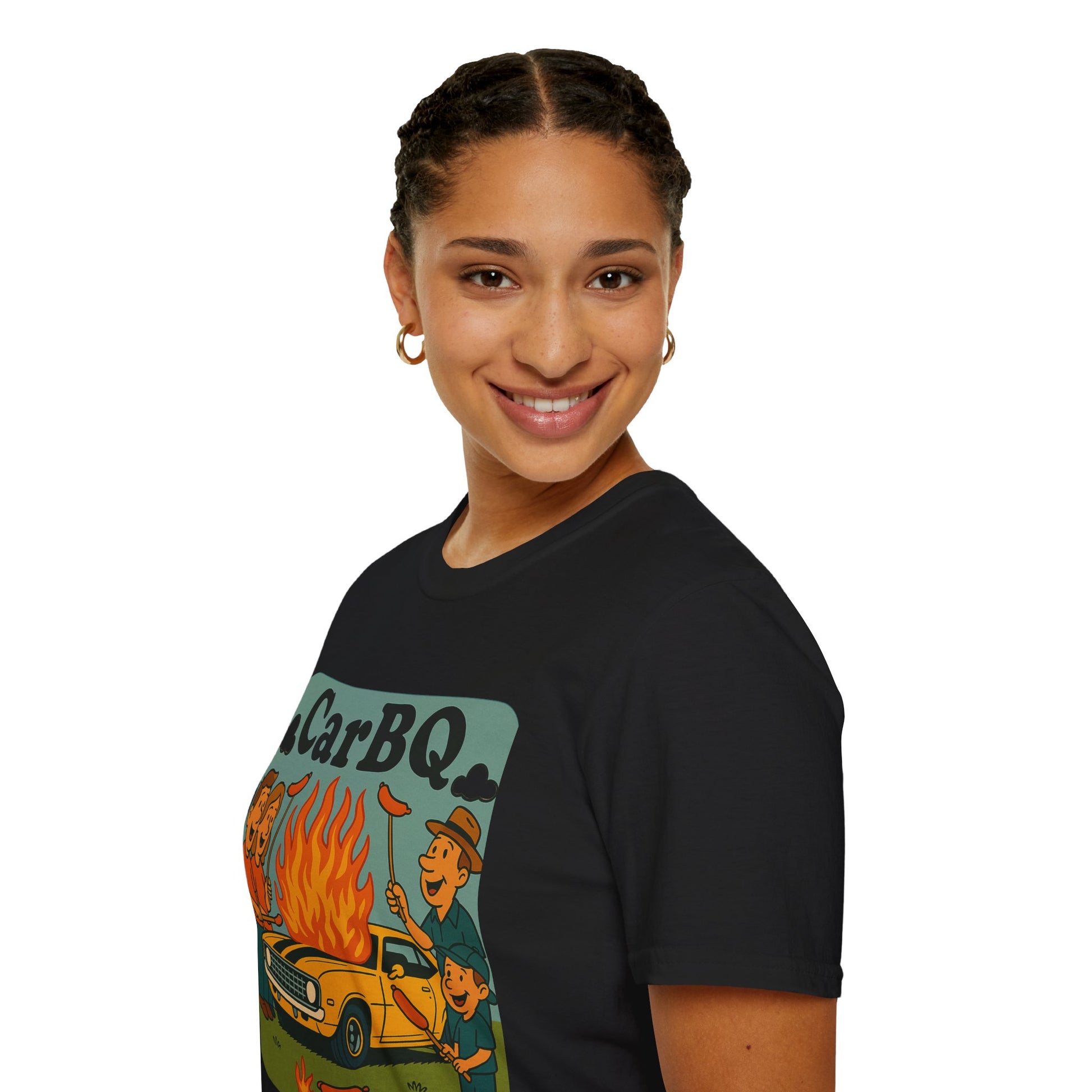 Person wearing a black t-shirt with a graphic design and text 'CarBQ' on a white background