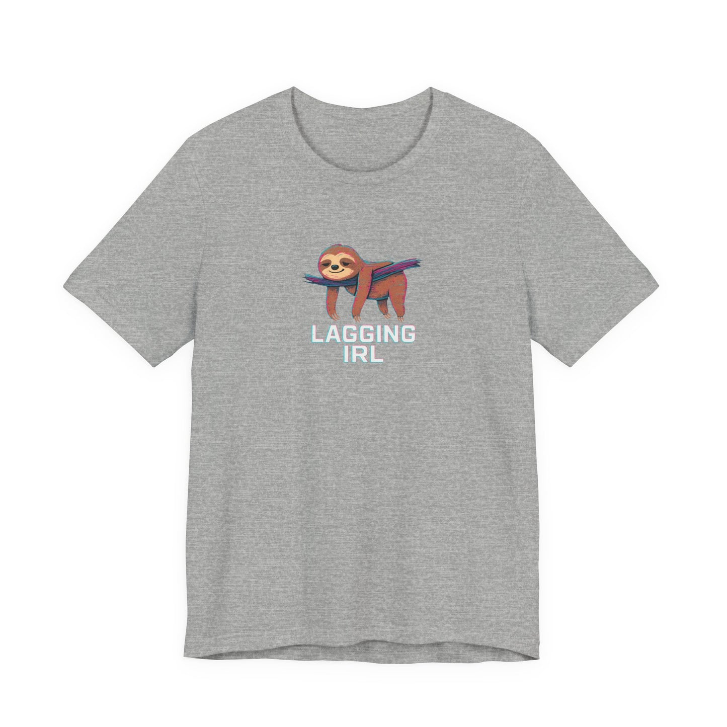 Gray t-shirt with a sloth emoji and 'LAGGING IRL' text on a white background