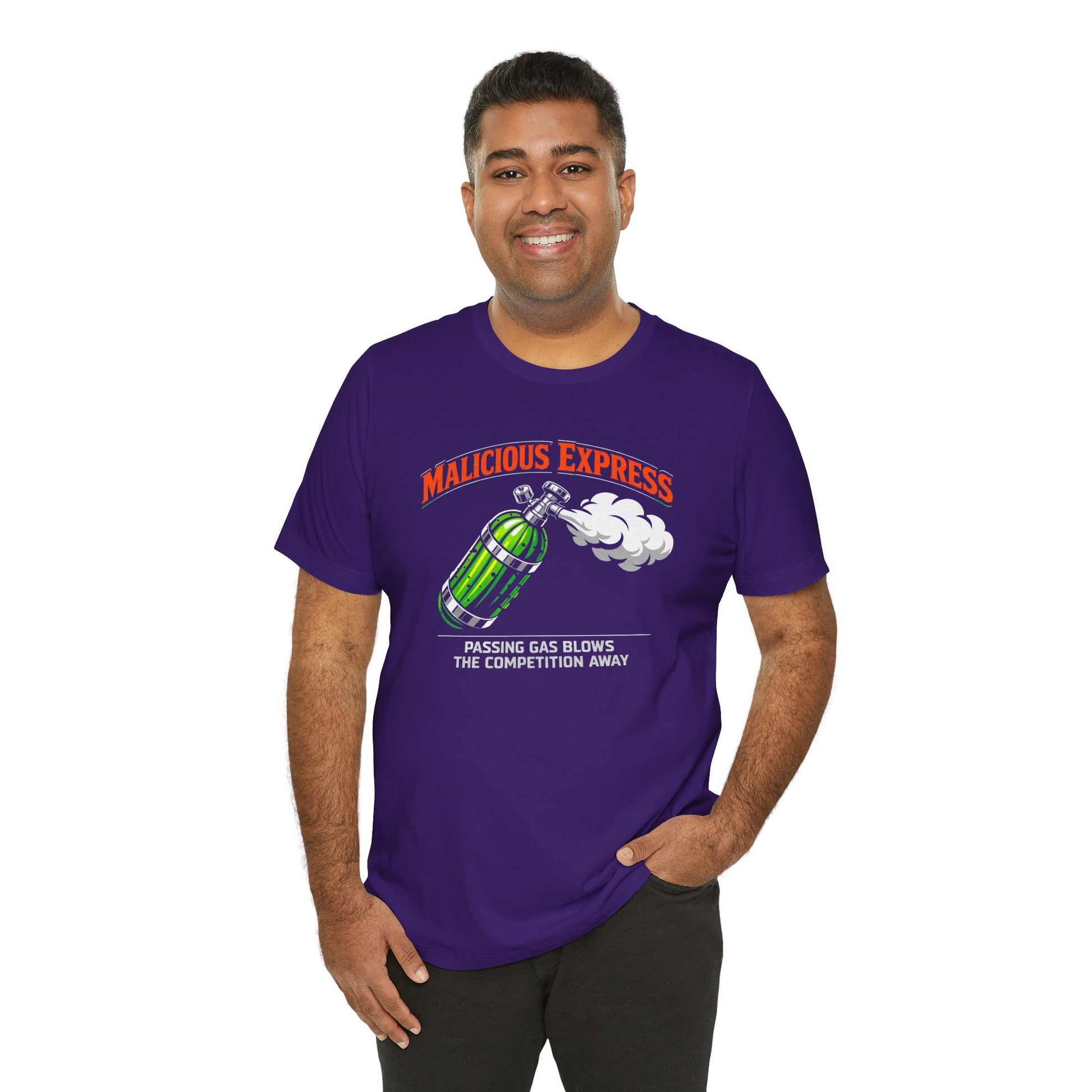 Man wearing a purple t-shirt with a graphic design and 'Malicious Express Passing Gas Blows The Competition Away' text on a white background