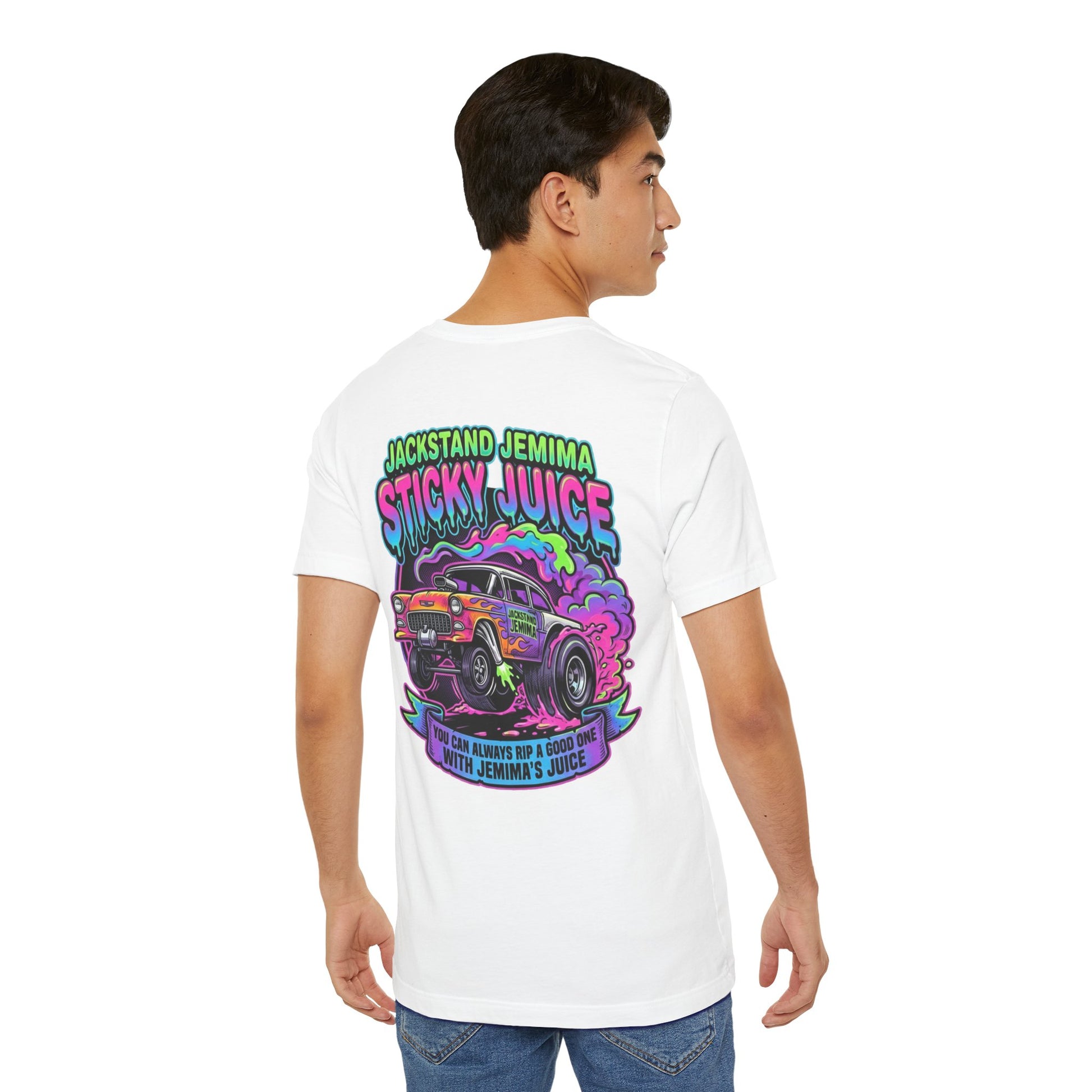 Person wearing a white t-shirt with colorful graphic design and 'Jackedstand Jemima Sticky Juice You Can Always Rip A Good One With Jemima's Juice' text on a white background