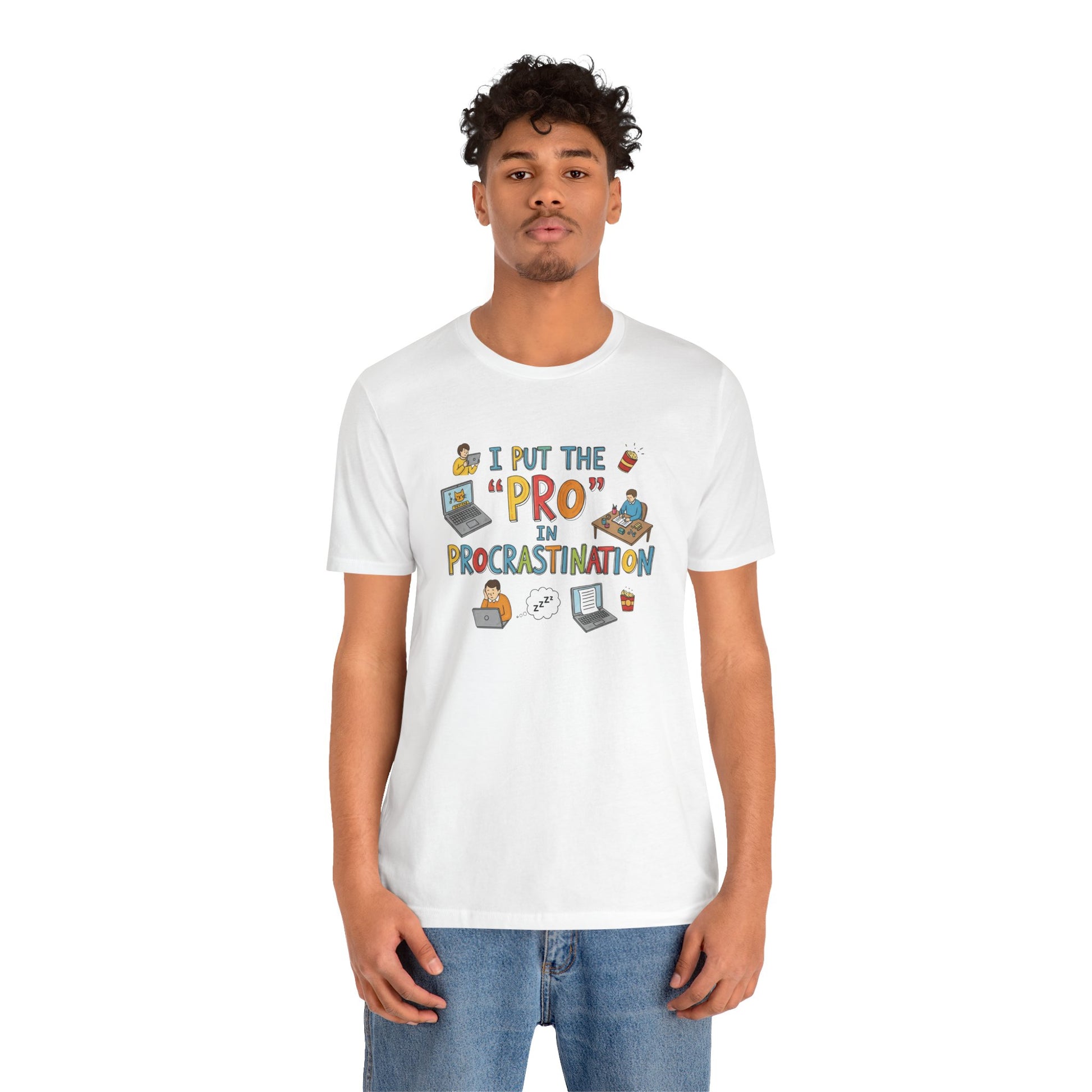 White Bella+Canvas 3001 unisex t-shirt with colorful cartoon graphics and bold text reading “I Put the ‘Pro’ in Procrastination” – funny gift for students, remote workers, and sarcasm lovers.