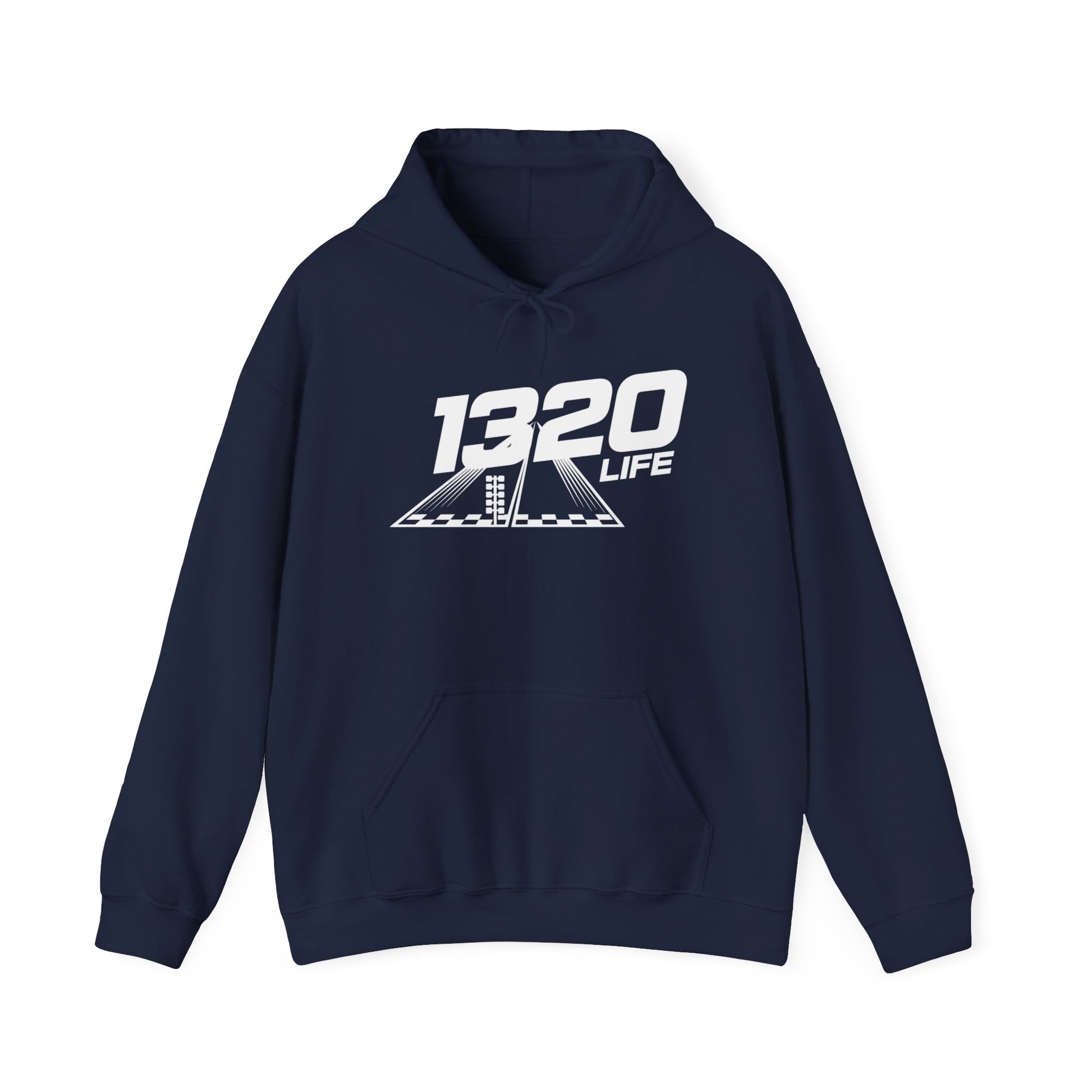 Navy blue hoodie with '1320 LIFE' text on a white background