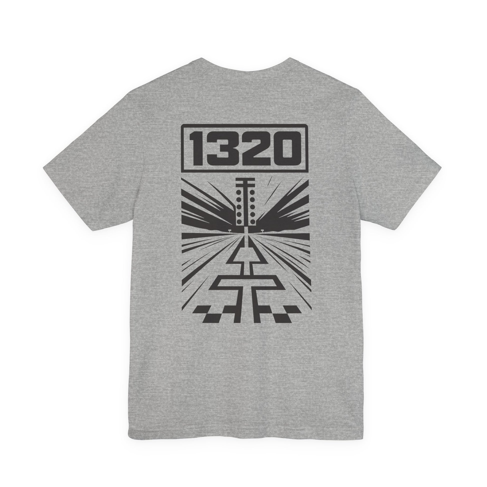 Gray t-shirt with black graphic design and '1320' on a white background