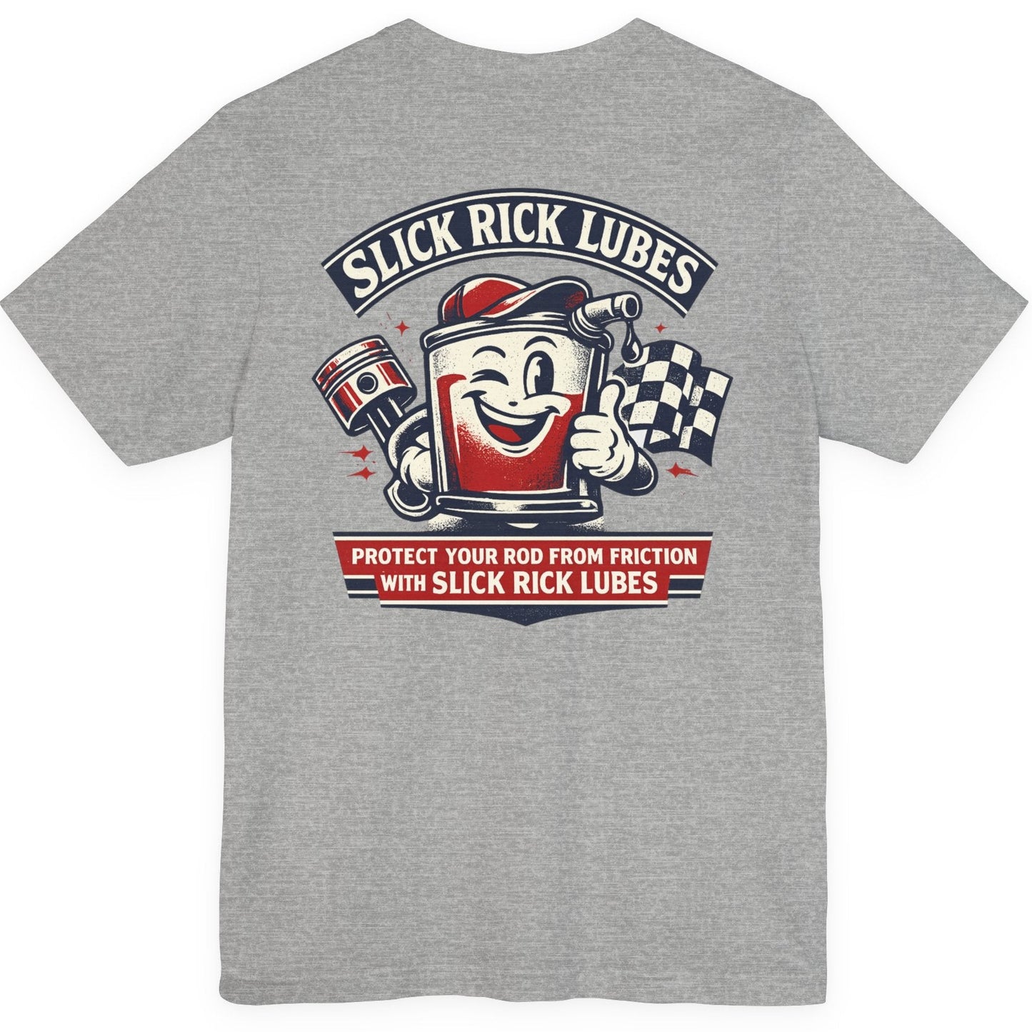 Gray t-shirt with 'Slick Rick Lubes' graphic on a white background
