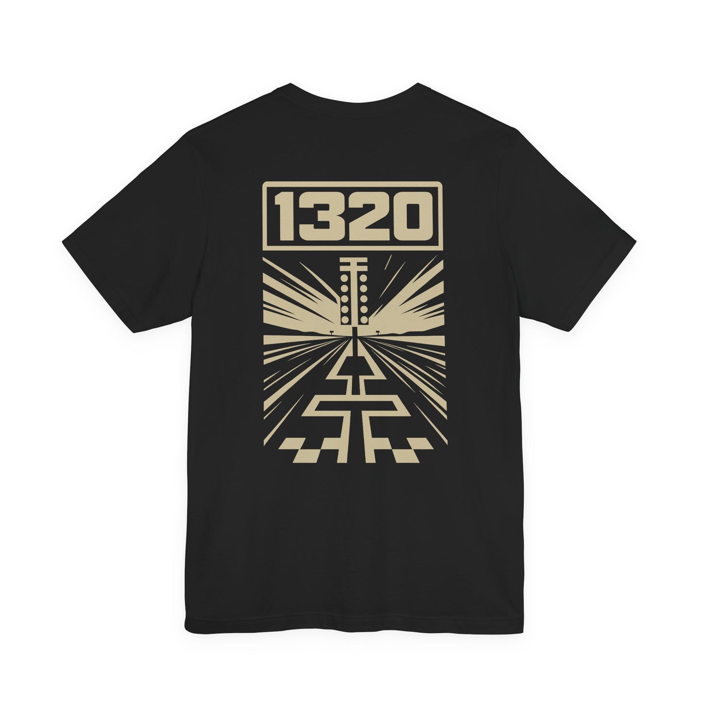 Black t-shirt with beige graphic design and '1320' on the back against a white background