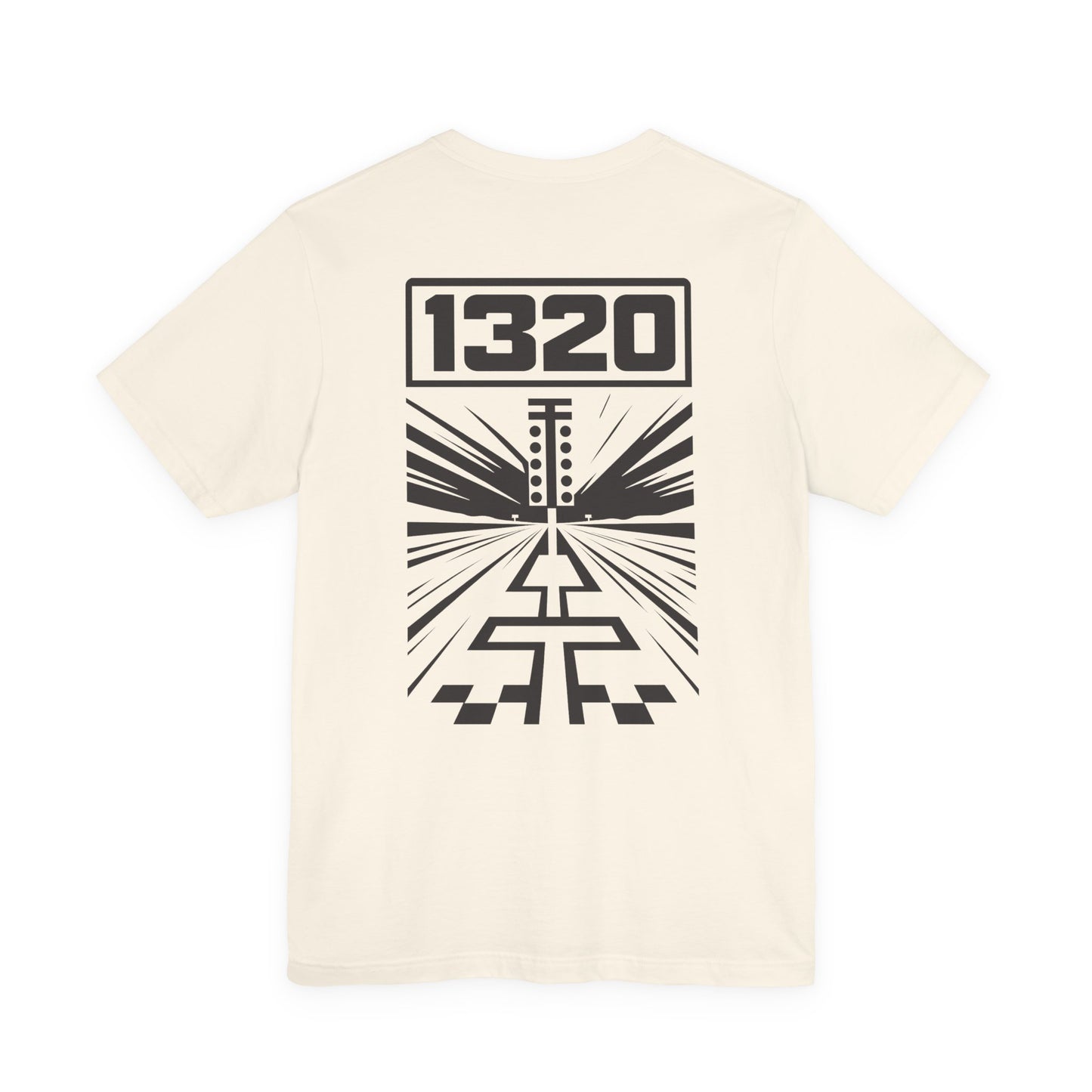 Beige t-shirt with black graphic design and '1320' text on a white background