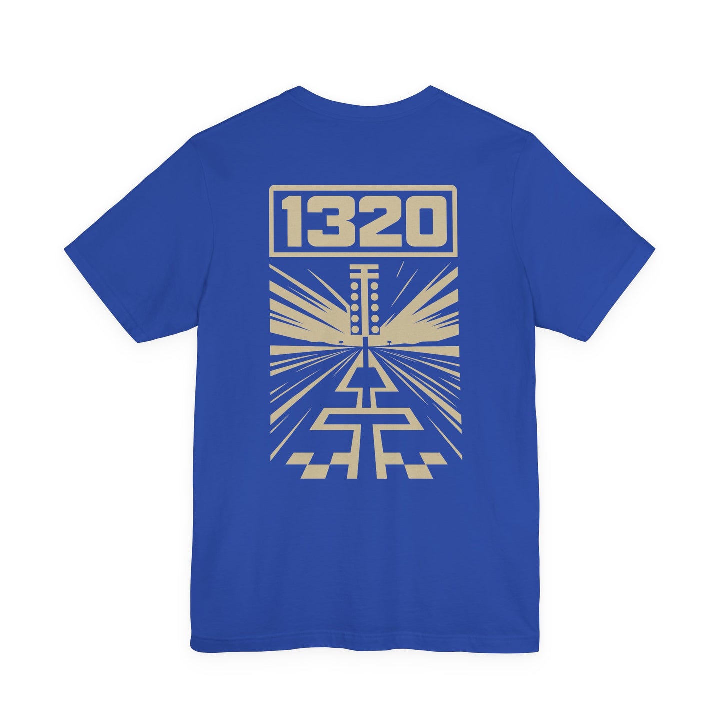 Blue t-shirt with geometric design and '1320' on the back against a white background