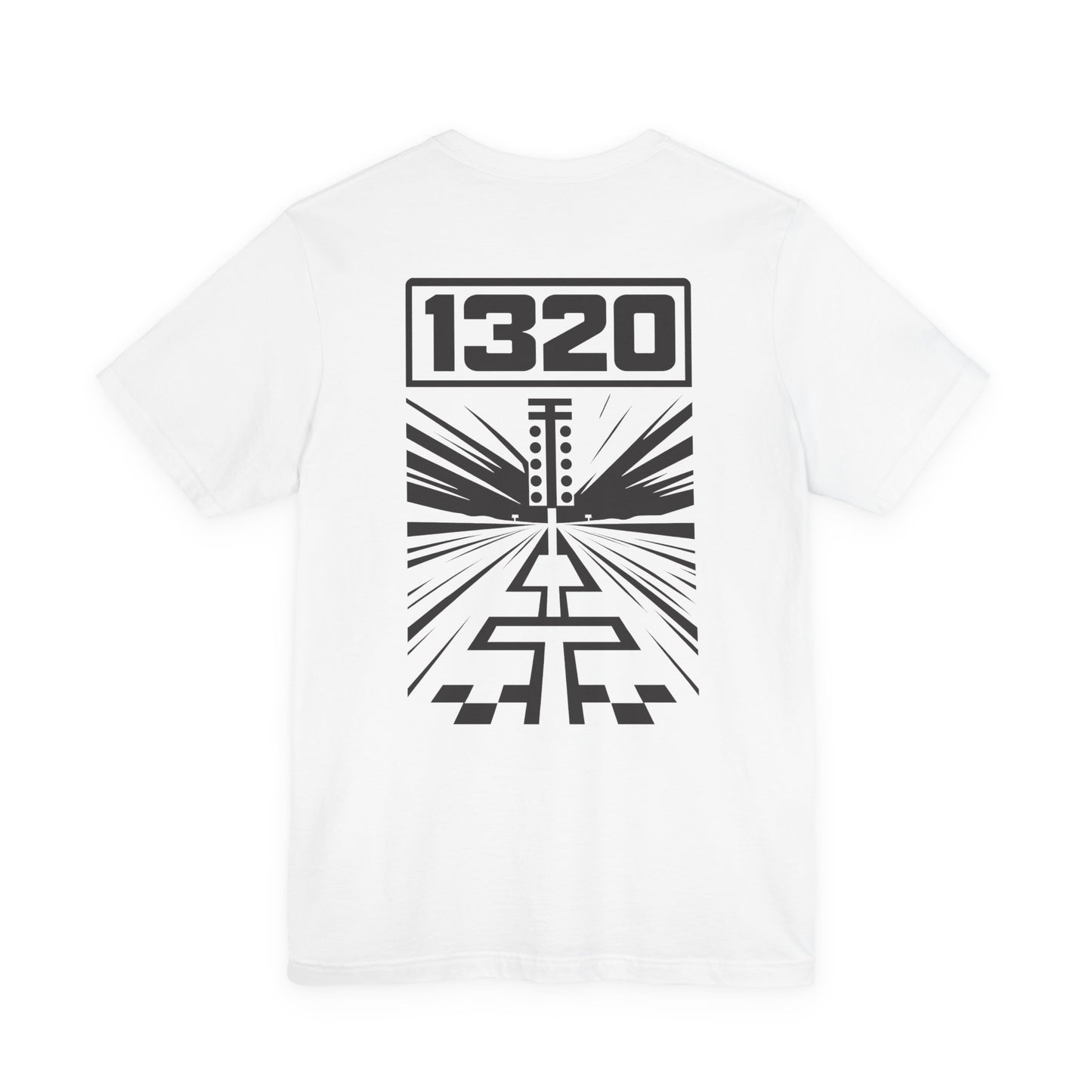 White t-shirt with black geometric design and '1320' text on a white background