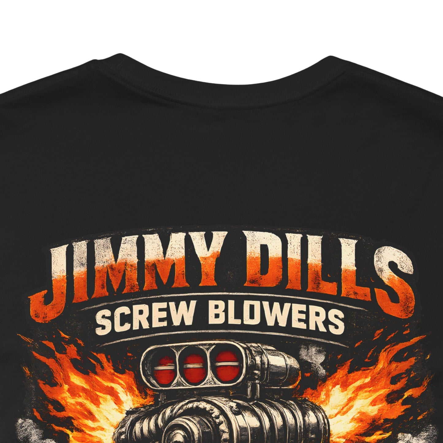 Black t-shirt with 'Jimmy Dills Screw Blowers' graphic design featuring flames and a screw blower.