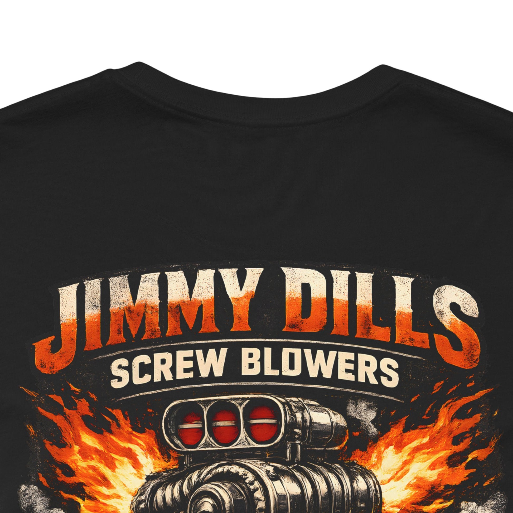 Black t-shirt with 'Jimmy Dills Screw Blowers' graphic design featuring flames and a screw blower.