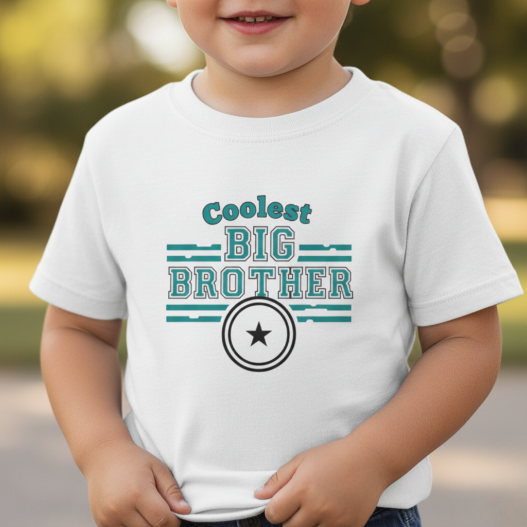 Child wearing a white t-shirt with 'Coolest Big Brother' text and design.