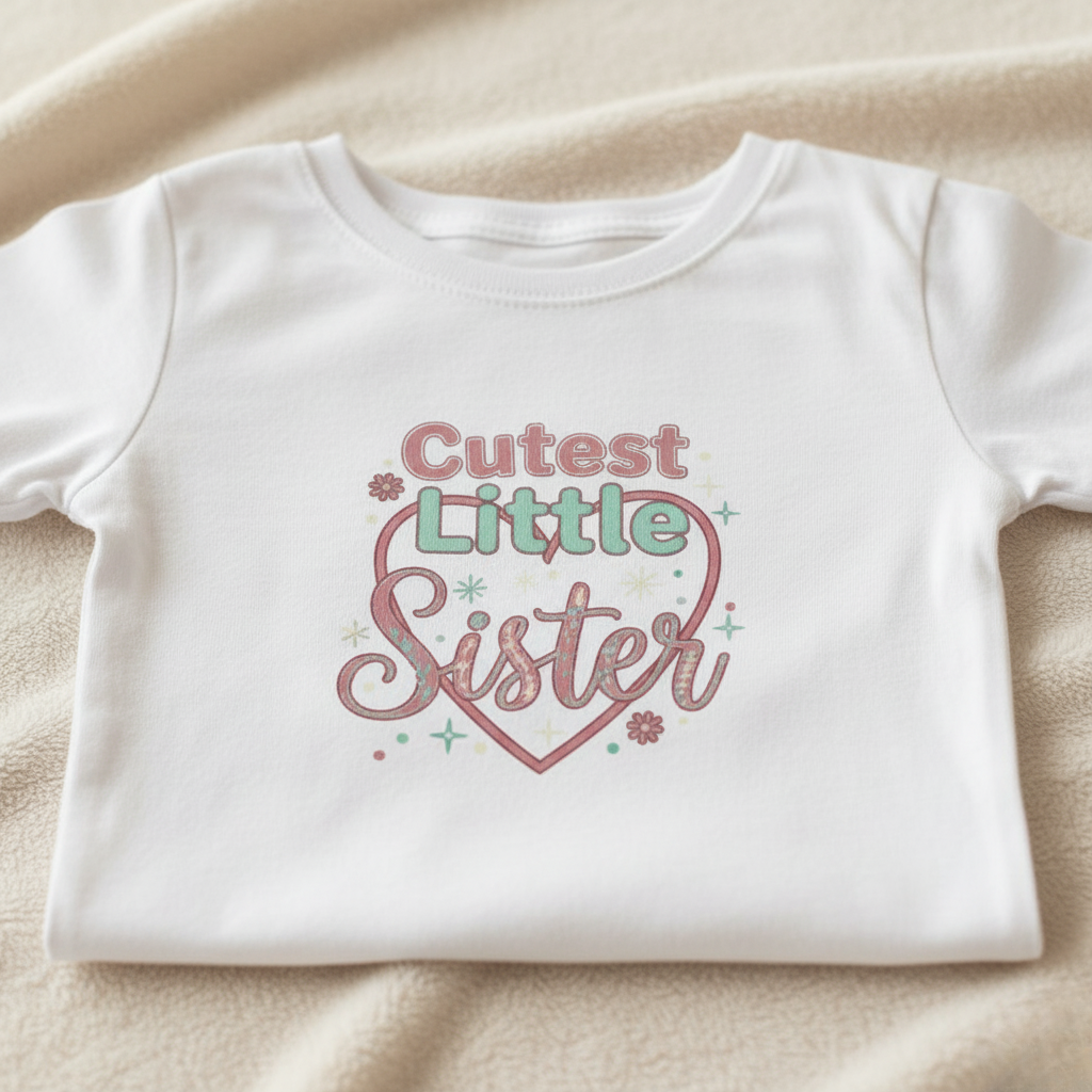 White t-shirt with 'Cutest Little Sister' text on a beige surface
