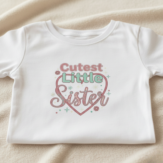 White t-shirt with 'Cutest Little Sister' text on a beige surface
