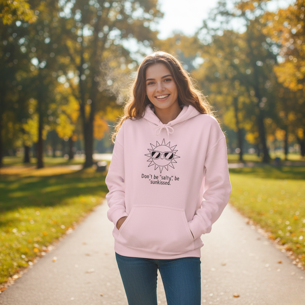 Woman wearing a pink hoodie with a sun design and text 'Don't be salty, be sunkissed' in a park during autumn.