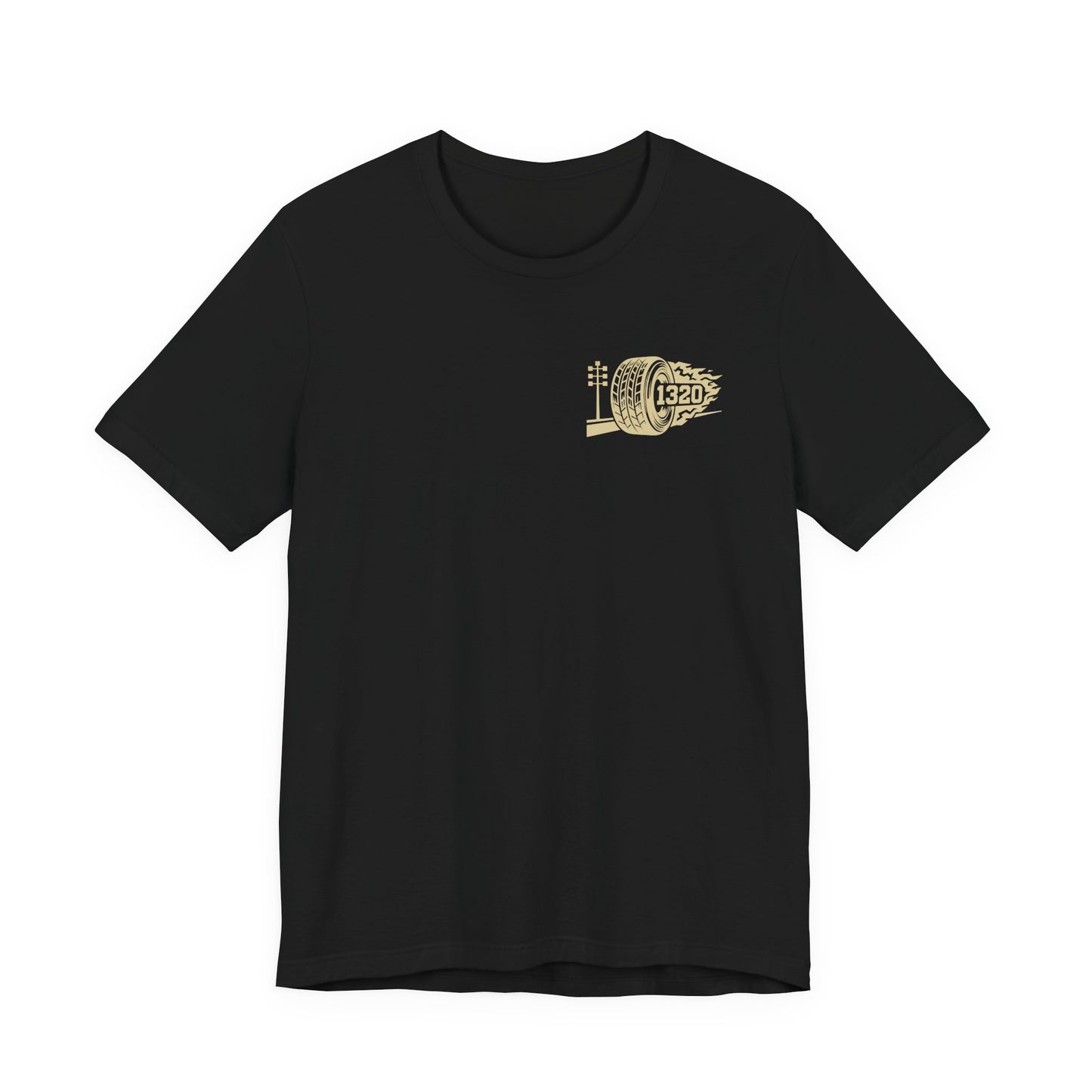 Black t-shirt with a gold logo number '1320' on a white background