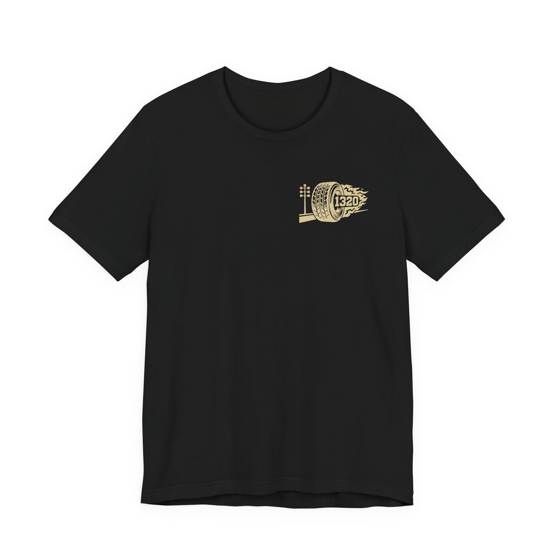 Black t-shirt with a gold logo number '1320' on a white background