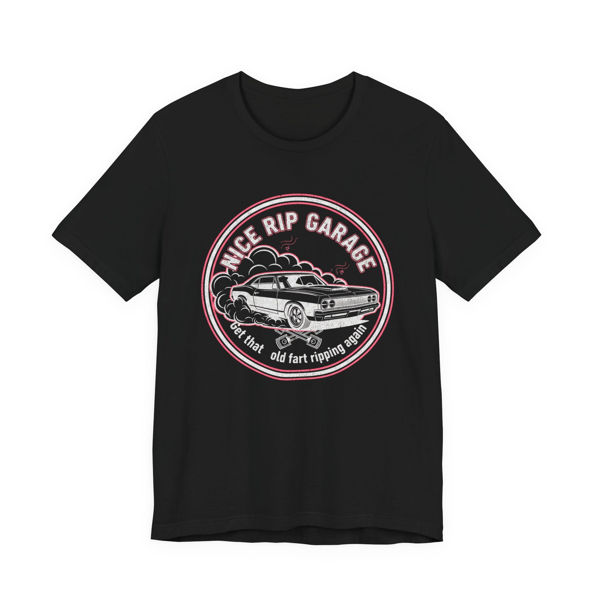 Black t-shirt with a graphic design and text 'Nice Rip Garage Get that old fart ripping again' of a car and text on a white background