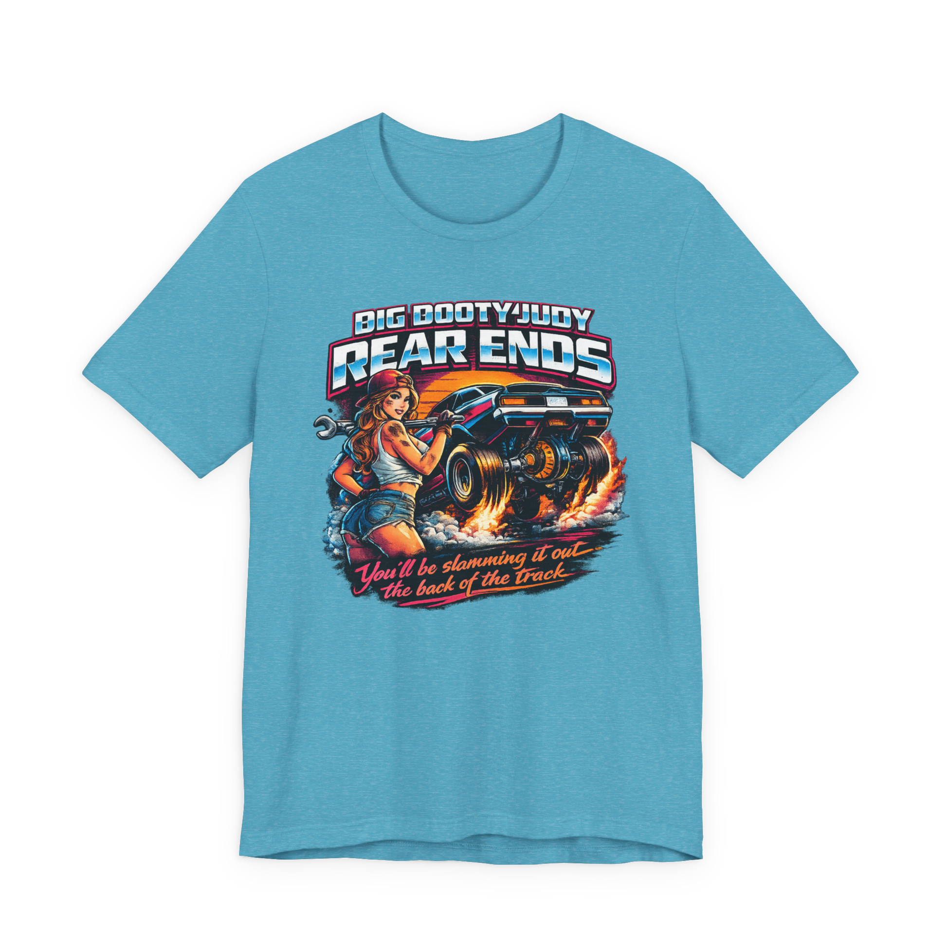 Blue t-shirt with a graphic design featuring a car and text on a white background