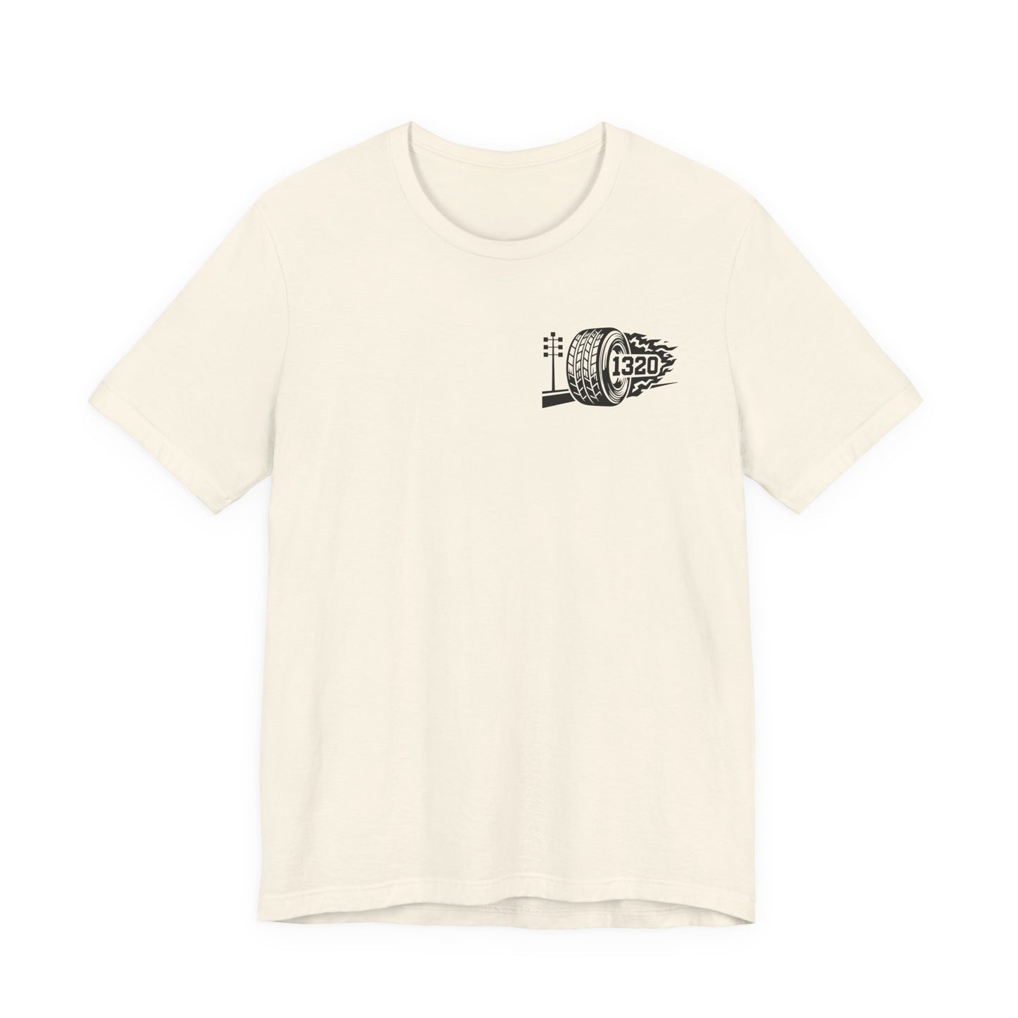Beige t-shirt with a black graphic design  and number '1320' on a white background