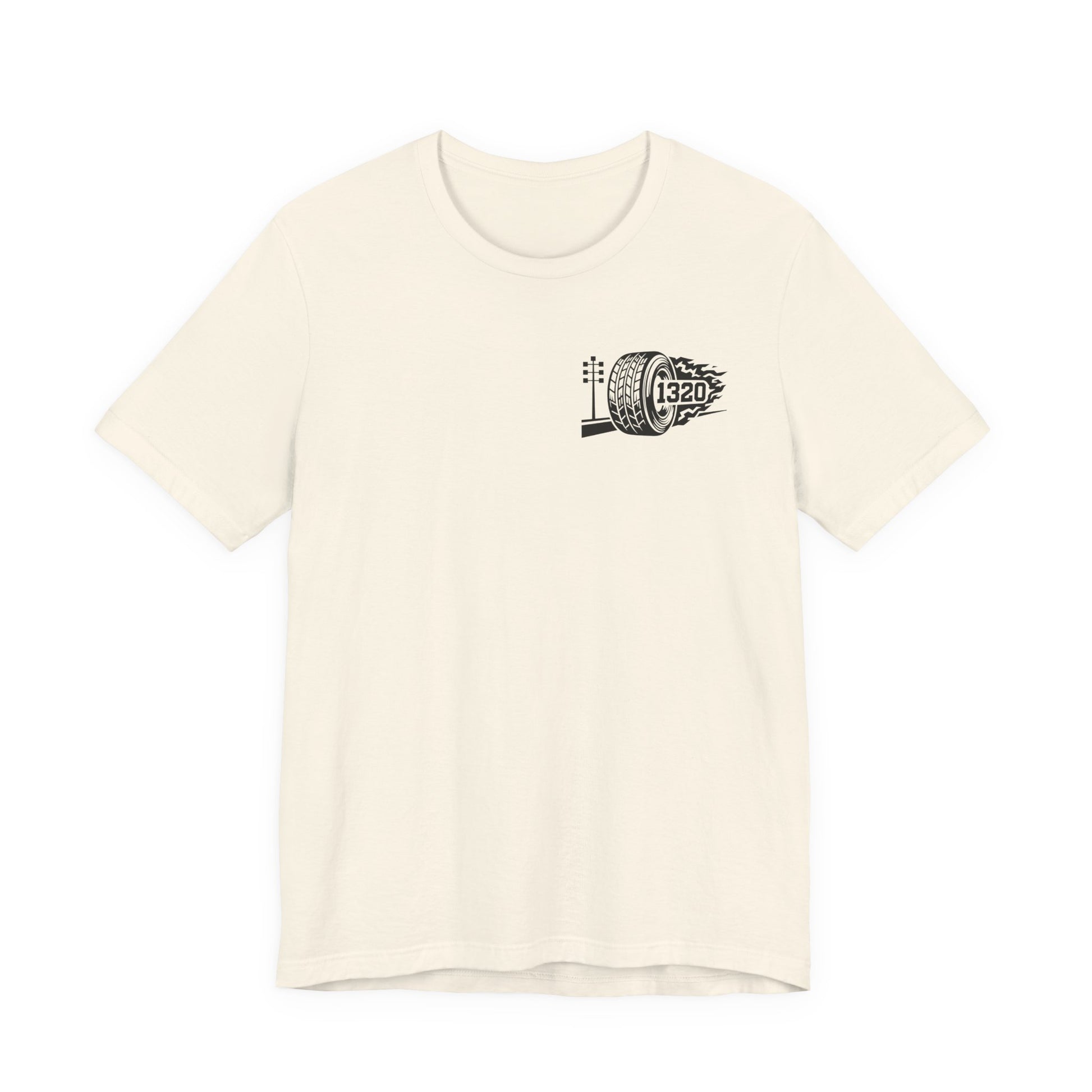 Beige t-shirt with a black graphic design  and number '1320' on a white background