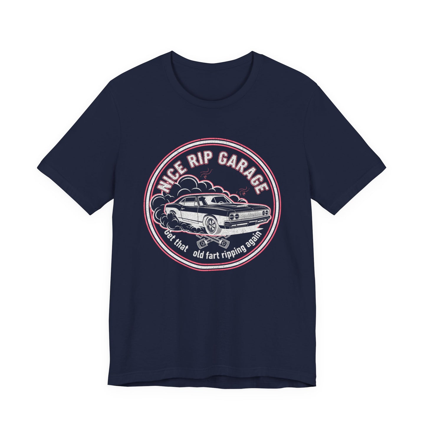 Navy blue t-shirt with a graphic of a car and text 'Nice Rip Garage Get that old fart ripping again' on a white background