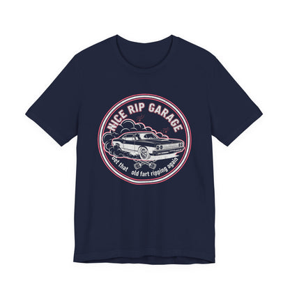 Navy blue t-shirt with a graphic of a car and text 'Nice Rip Garage Get that old fart ripping again' on a white background