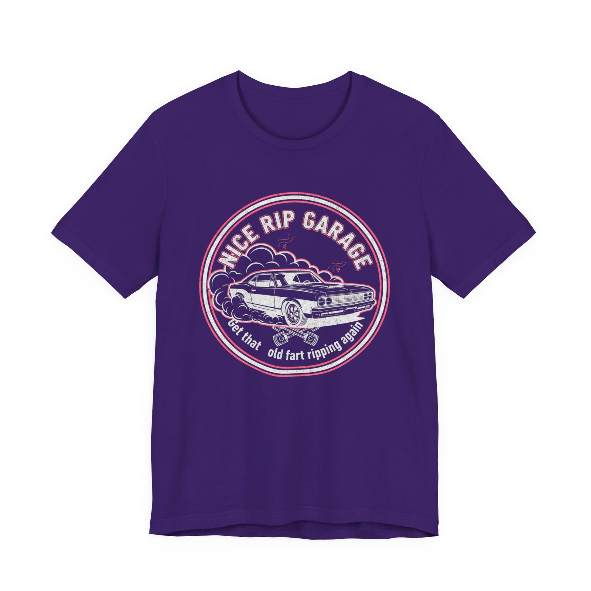 Purple t-shirt with a graphic design of a car and text 'Nice Rip Garage Get that old fart ripping again' on a white background