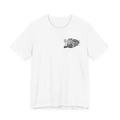 White t-shirt with a black logo and number '1320' on a white background