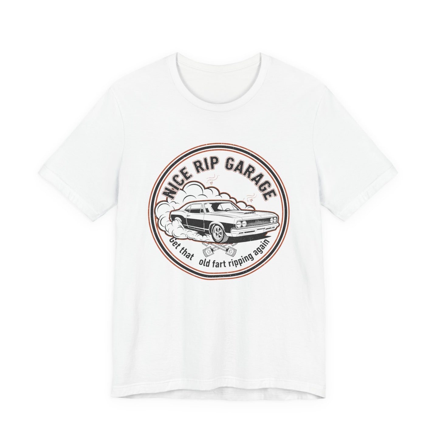 White t-shirt with 'Nice Rip Garage' graphic design on a white background
