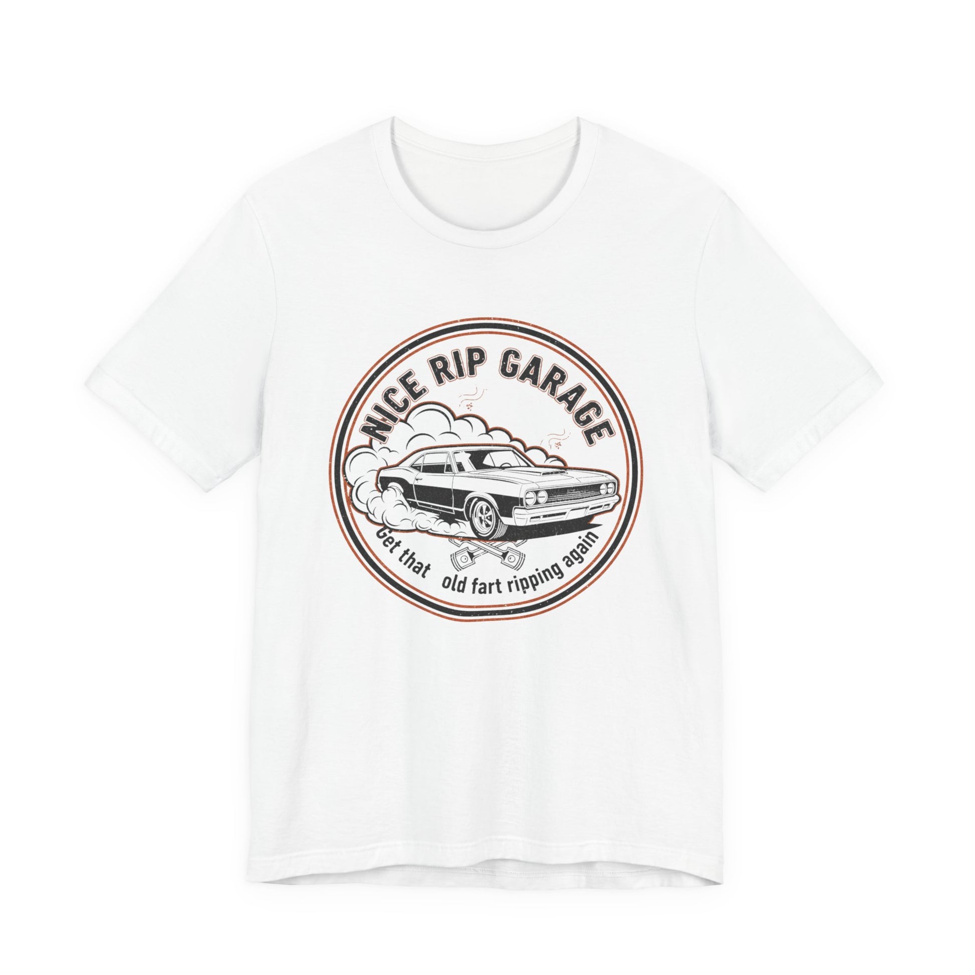 White t-shirt with 'Nice Rip Garage' graphic design on a white background