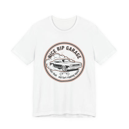 White t-shirt with 'Nice Rip Garage' graphic design on a white background