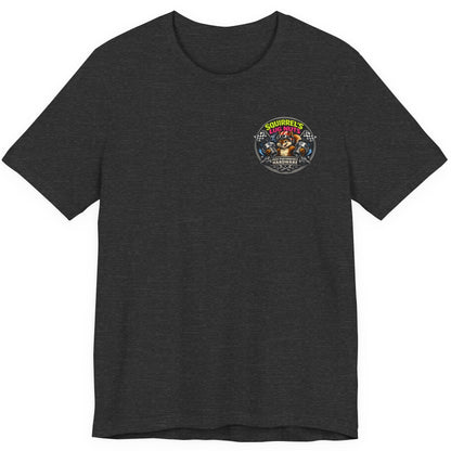 Dark grey heather t-shirt with a colorful graphic on the chest against a white background