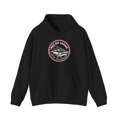 Black hoodie with a graphic design and 'Nice Rip Garage Get that old fart ripping again' text on a white background