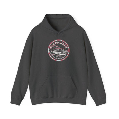 Dark gray hoodie with a circular graphic and  'Nice Rip Garage Get that old fart ripping again' text on a white background