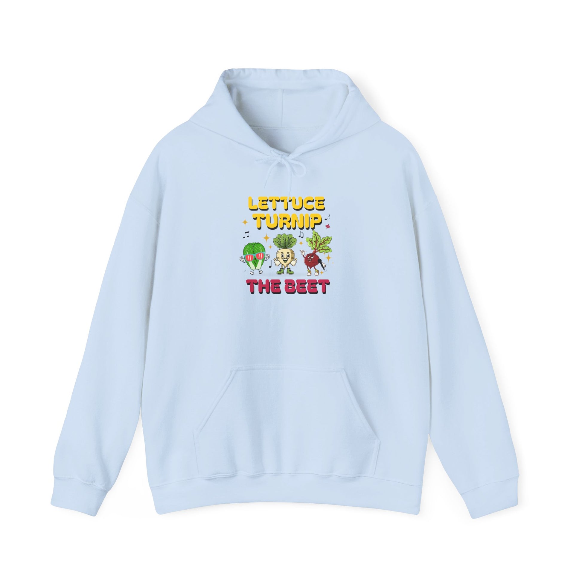 Light blue hoodie with vegetable graphic and text 'Lettuce Turnip the Beet' on a white background