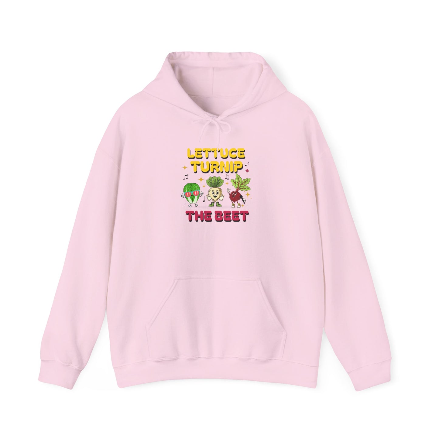 Pink hoodie with vegetable graphic and text 'Lettuce Turnip the Beet' on a white background