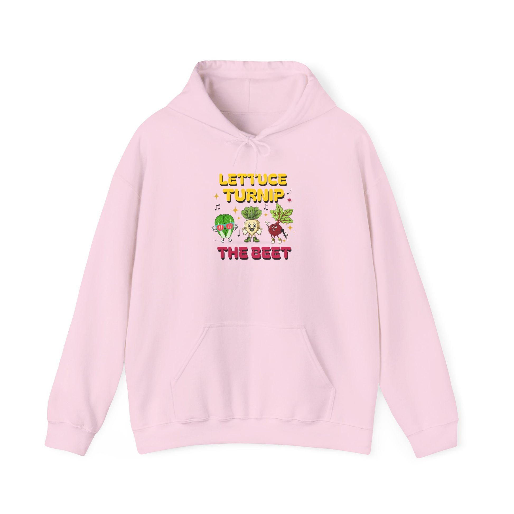 Pink hoodie with vegetable graphic and text 'Lettuce Turnip the Beet' on a white background